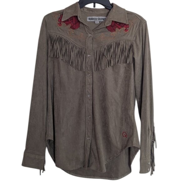 Rodeo Quincy Faux Suede Fringe Size Medium Embroidered Western Blouse Pearl Snap - Picture 1 of 10
